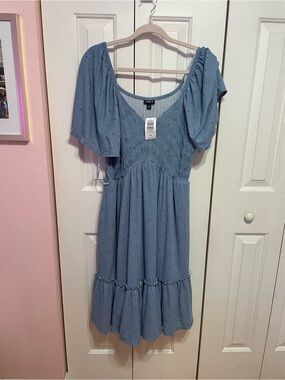 Smocked Flutter-Sleeve Dress in Dusty Blue Torrid plus size NWT